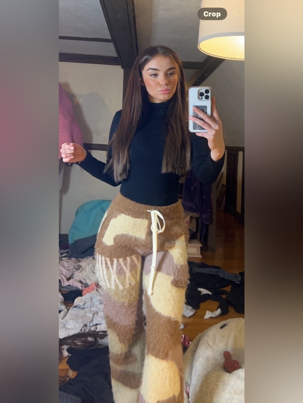 Wide Leg Fuzzy Knit Pants in Brown & Cream